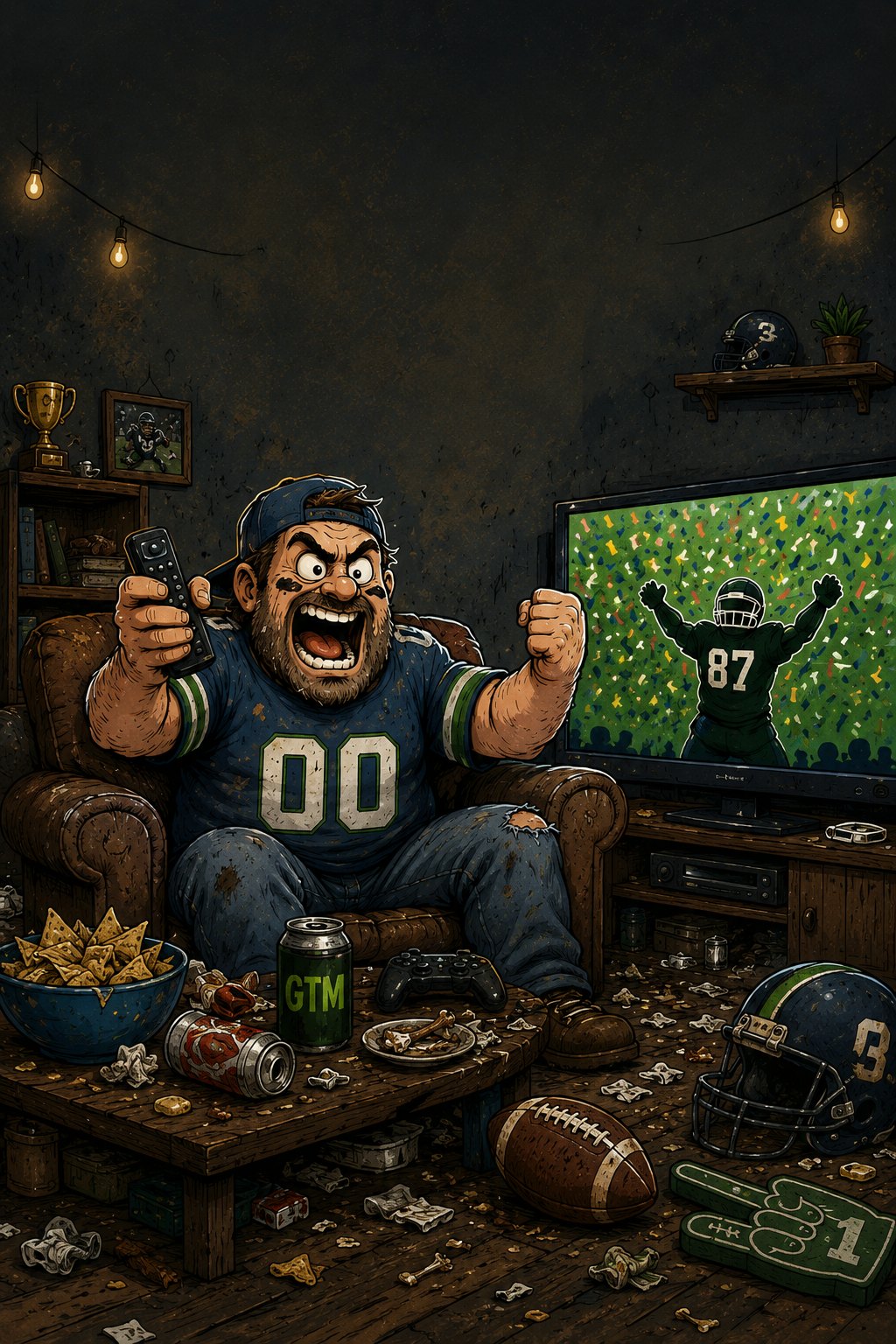 A fantasy football fan in a 00 jersey screams at a TV from a filthy couch surrounded by chips and cans.